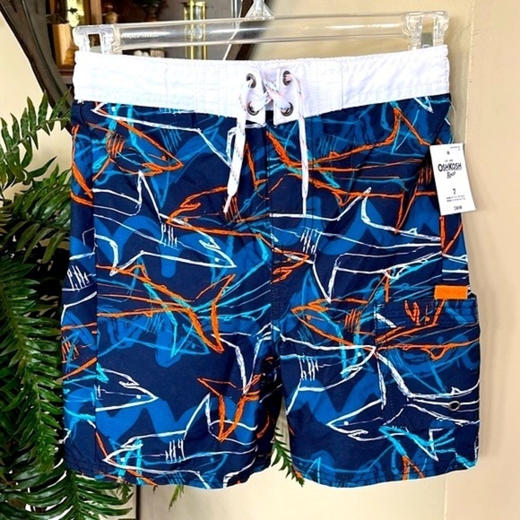 Brand New Oshkosh Swim Shorts Navy Blue Orange Graphic Shark Print Swim Trunks - Picture 1 of 13